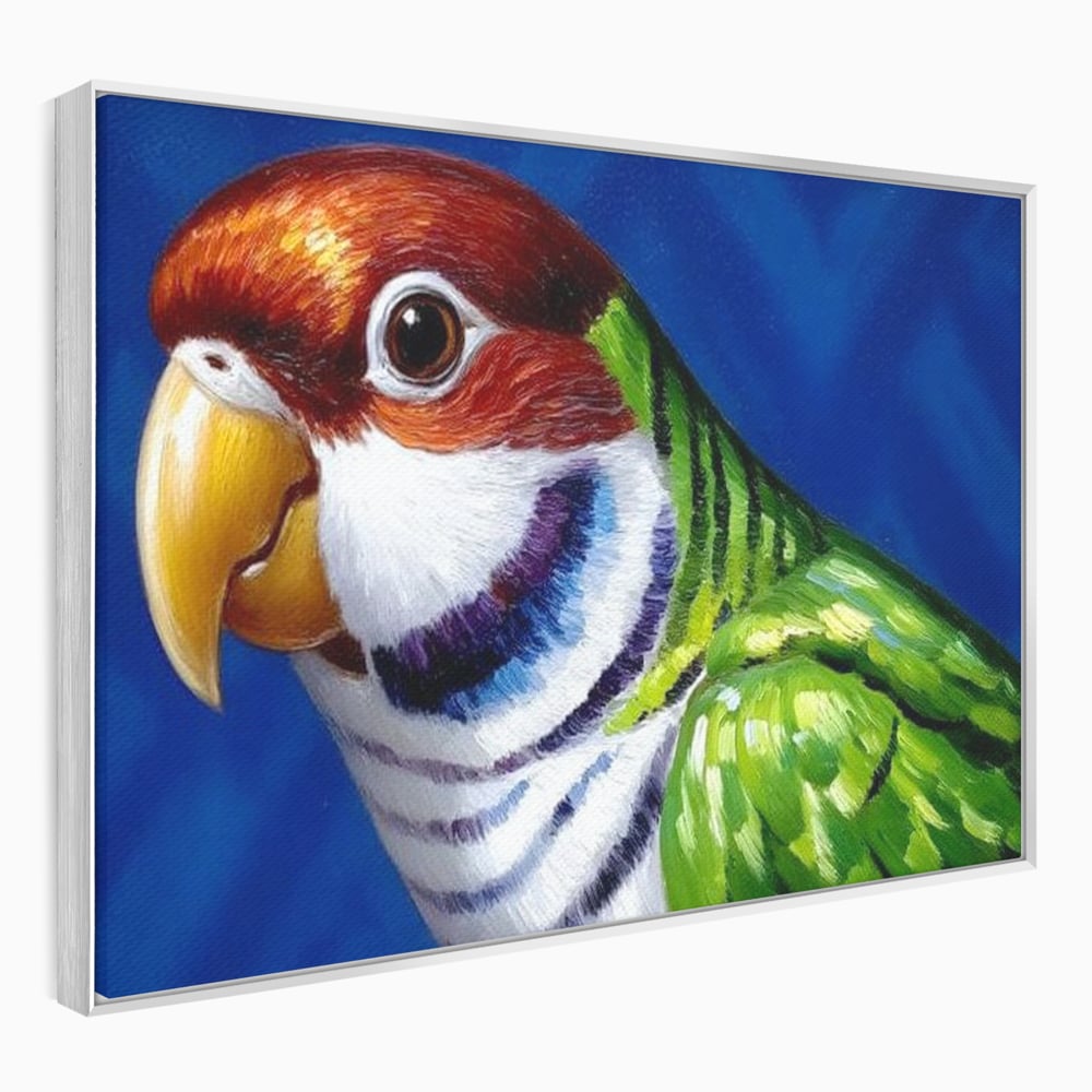 Tablou canvas cu pictura cu cap de papagal colorat, in rama de aluminiu argintiu